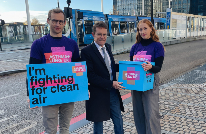 Andy Street, Mayor of the West Midlands and WMCA chair, with Tim Dexter, Asthma + Lung UK clean air lead and Maddy Dawe, the charity's regional campaigns and policy officer.
